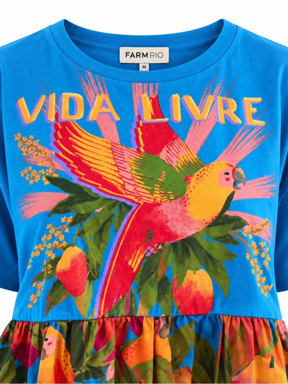 Farm Rio “Vida Livre' Blue Tropical Parrot Tiered Top NWOT - Picture 3 of 4